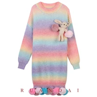 round neck gradient loose knitted dress autumn and winter new cute rabbit long sleeve cartoon sweater dress free shipping
