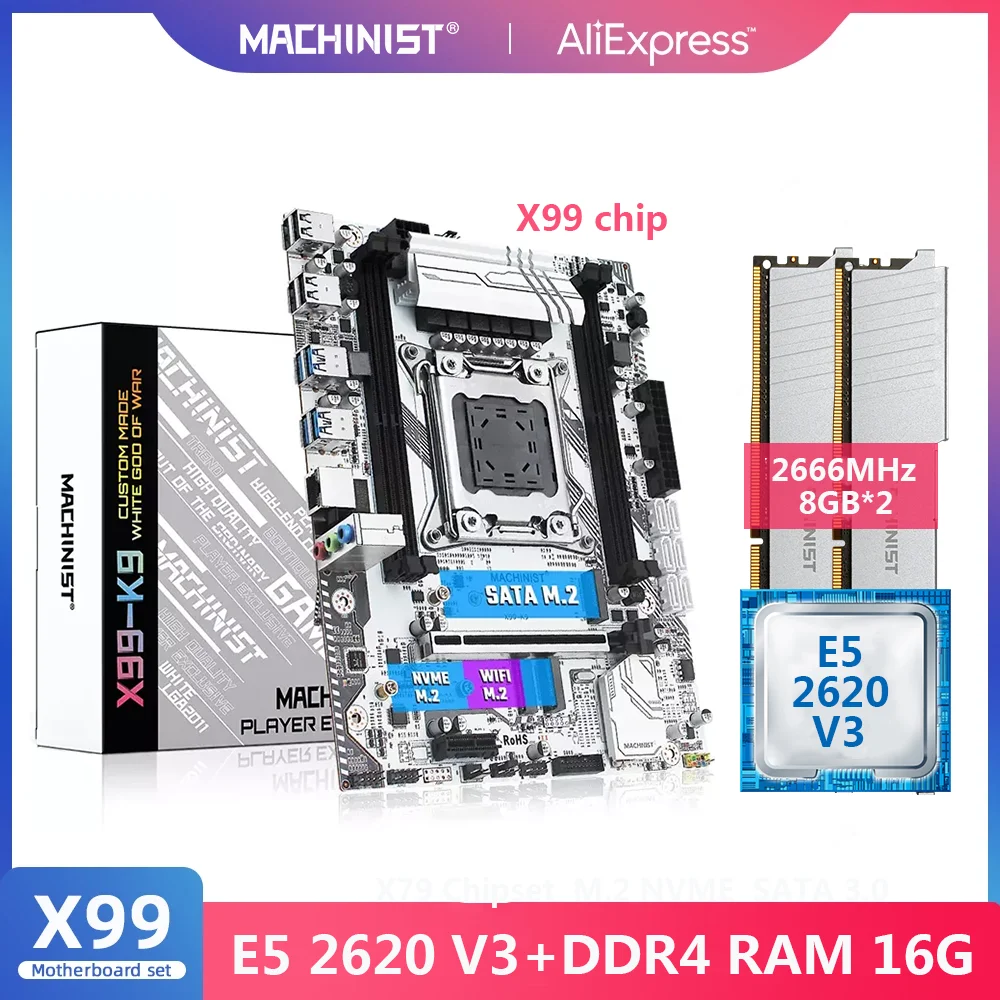 MACHINIST-Conjunto de placa base X99 LGA 2011-3 con procesador Intel Xeon E5 2620 V3, 16G(2x8), DDR4, 2666MHZ, RAM, NVME, M.2, SSD, X99-K9