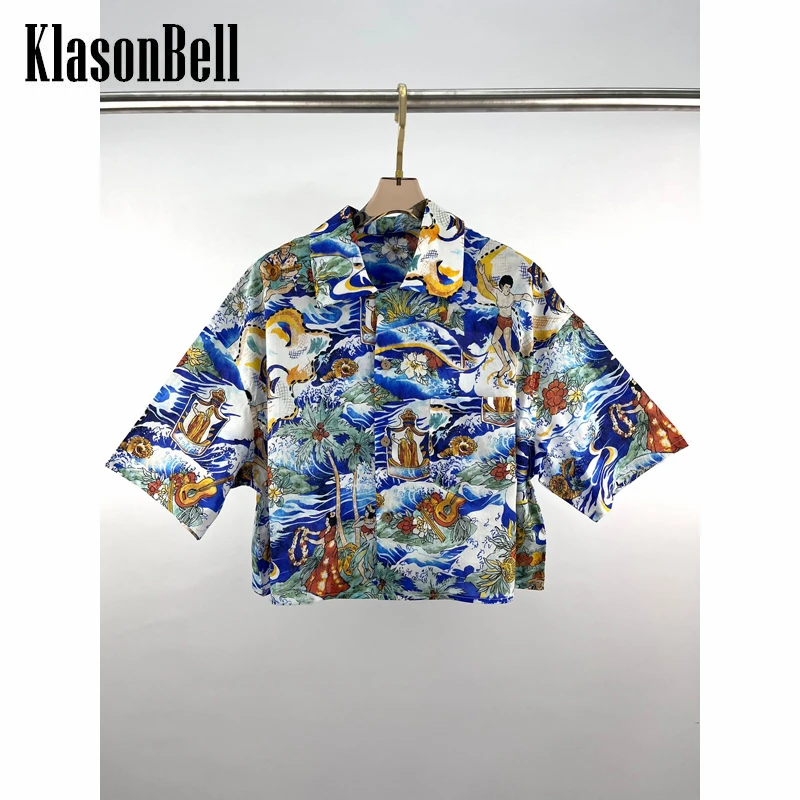 

5.6 KlasonBell Print Pattern Cotton Beach Loose Short Shirt Blouse Women