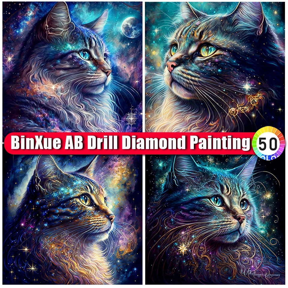 

BinXue 5D DIY Fantasy Animal Cat AB Diamond Painting Kit Starry Sky Moon Diamond Embroidery Handmade Mosaic Art Home Decor Gift