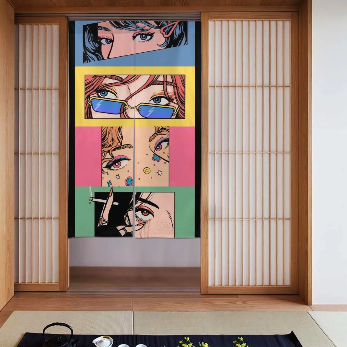 

Girl's Eyes Japanese Door Curtain Korea Pattern Partition Curtain Cotton Linen Cool Noren for Home Shower Ornament