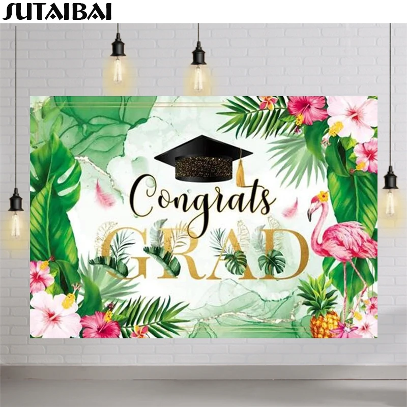Congrats Grad Prom Party Class of 2022 Backdrop Jungle Leaves Theme Bachelor Cap Graduation Flamingo Flowers Gold Decoration