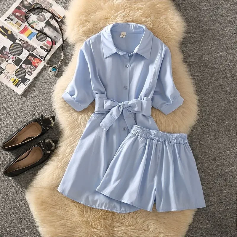 Лето 2023 повседневные модные шорты топ синяя рубашка средней длины с завязками