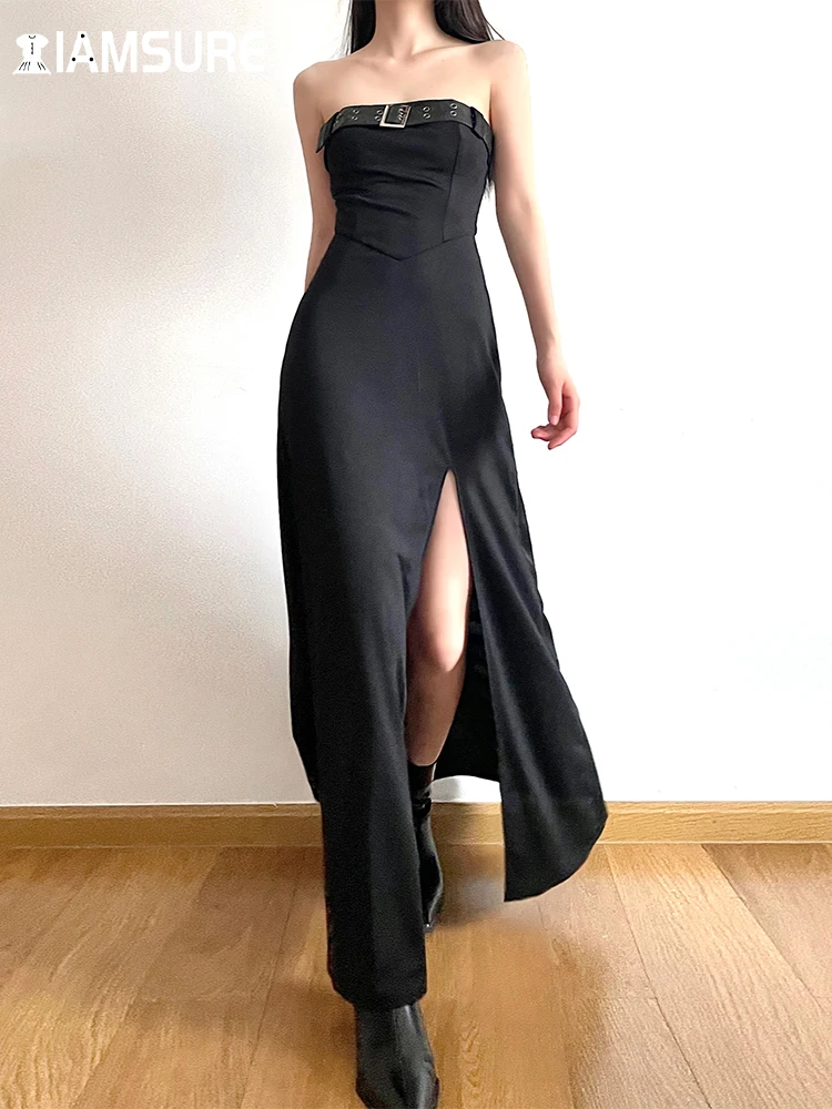 

IAMSURE Dark Solid Split A-Line Dress With Belt Gothic Sexy Slash Neck Sleeveless Maxi Dresses For Women 2023 Autumn Winter Lady