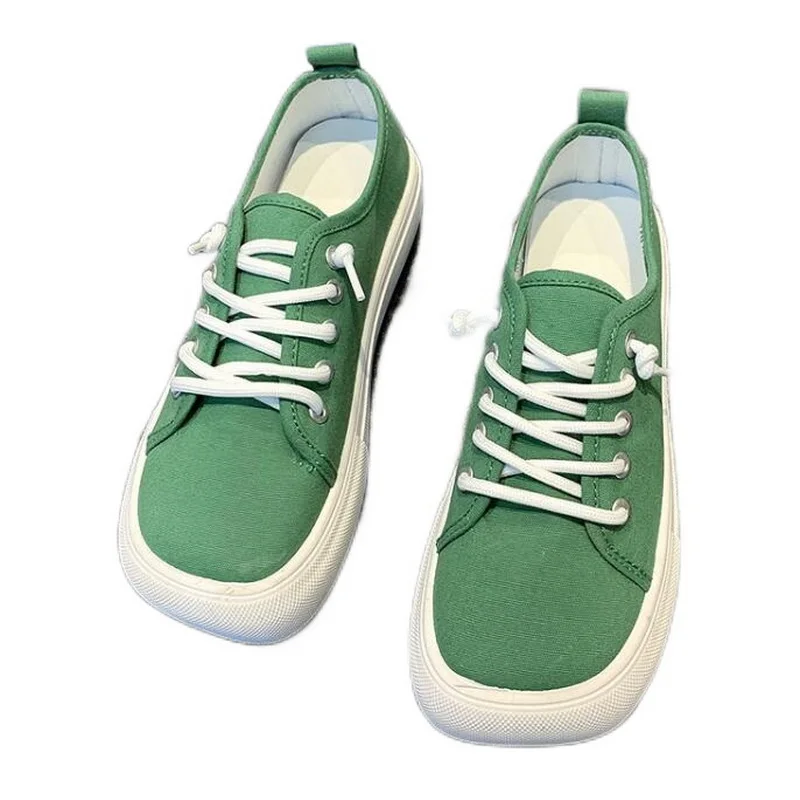 VXO Thick-Soled Canvas Shoes Women's Square Toe Lace-Up Sneakers Plaid Leopard Print Schoolgirls' Shoes