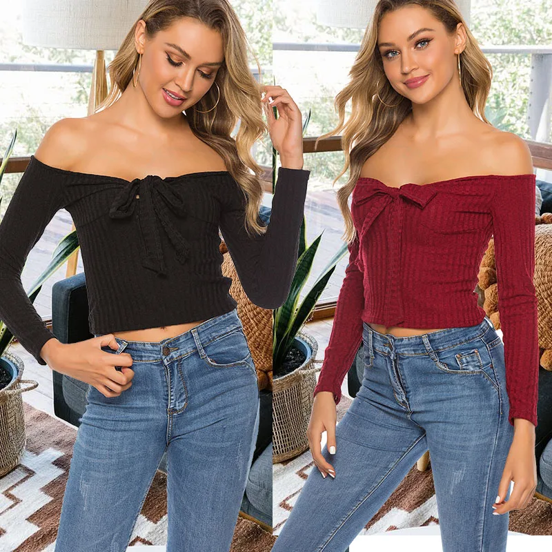 

Off Shoulder Crop Tops Casual Ruched Pleated Bow Black T-Shirt Women Short Sleeve Cropped T Shirt For Women Clothing