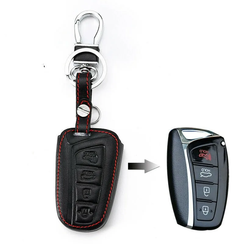 

For Hyundai Santa Fe Key Holder Key Remote 4 Buttons Black Leather Case Fob Durable