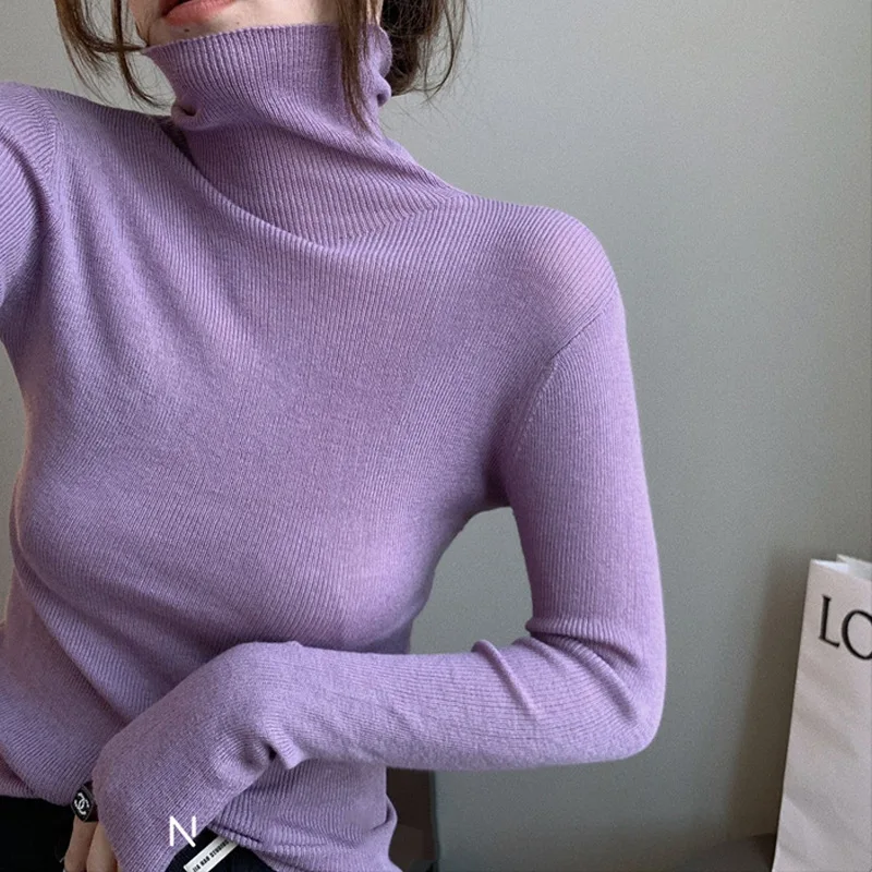 

Korean Fashion Autumn Winter Turtleneck Sweater Vintage Solid Basic Knitted Tops Casual Slim Long Sleeve Pullover Sweatshirts