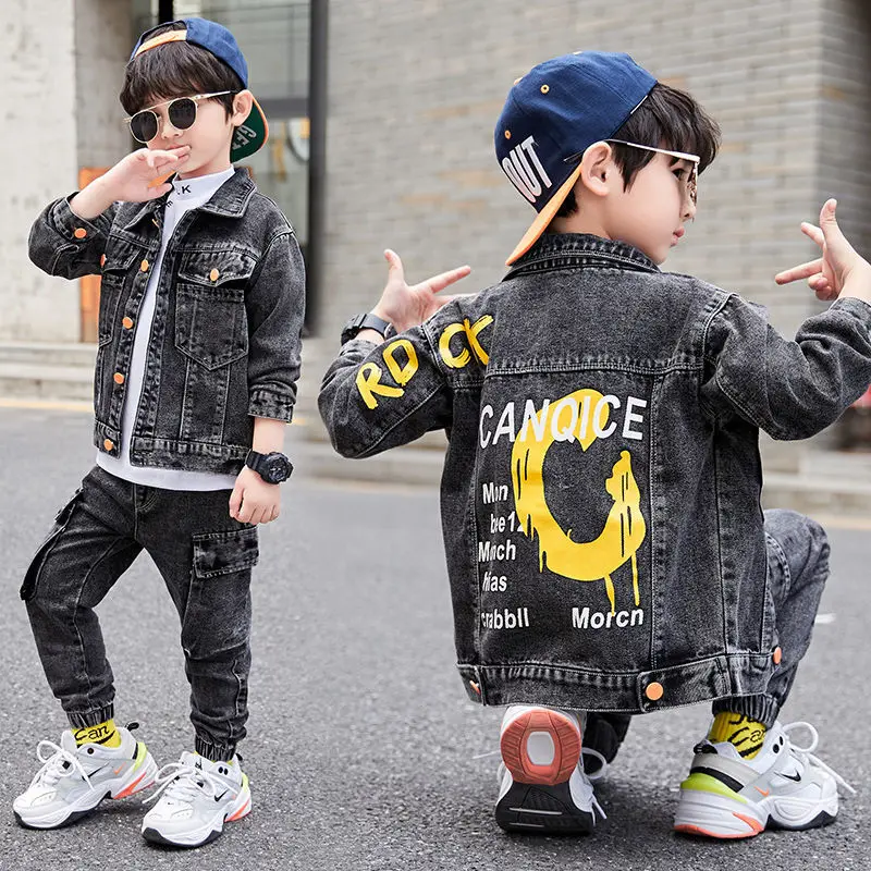 

New 2023 Kids Boys Jeans Clothes Set Cartoon Denim Coat Jacket and Pant Two Piece Outfit for Teenage Fashion Children Tracksuit