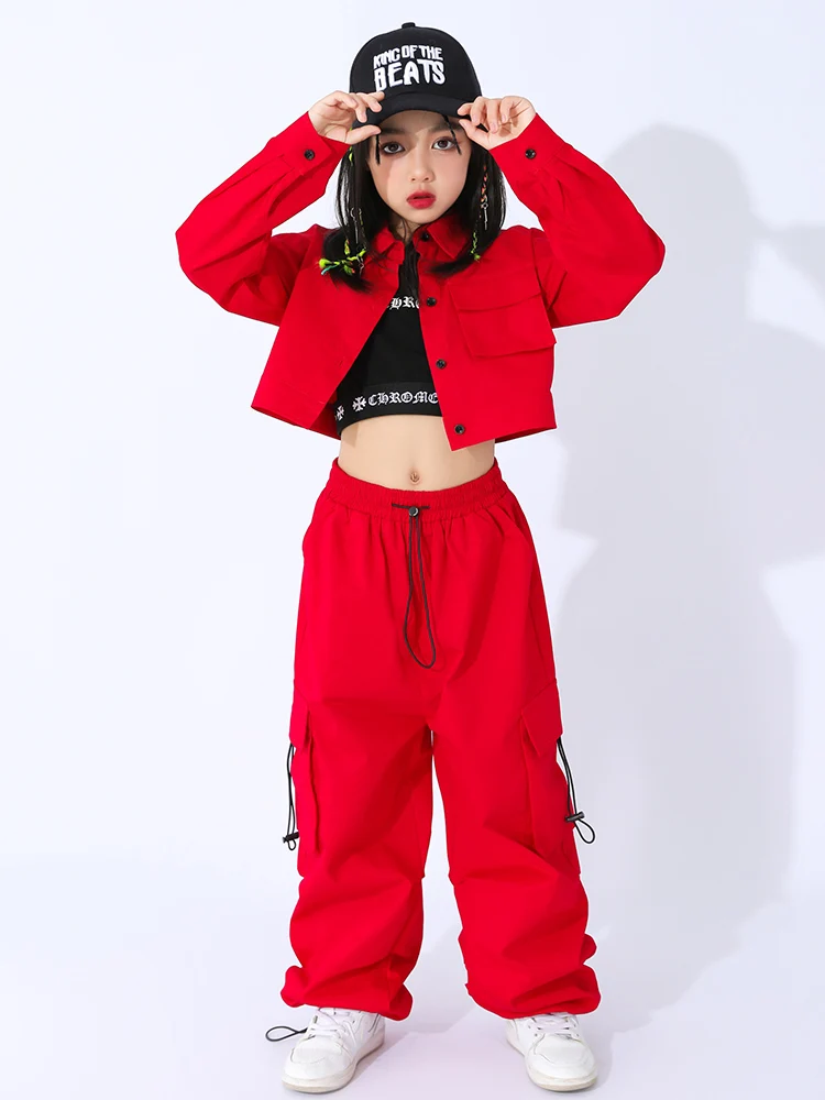 

Kids Jazz Dance Costume Girls Red Long Sleeves Navel Coat Cargo Pants Hip Hop Performance Clothes Concert Stage Outfit BL9603