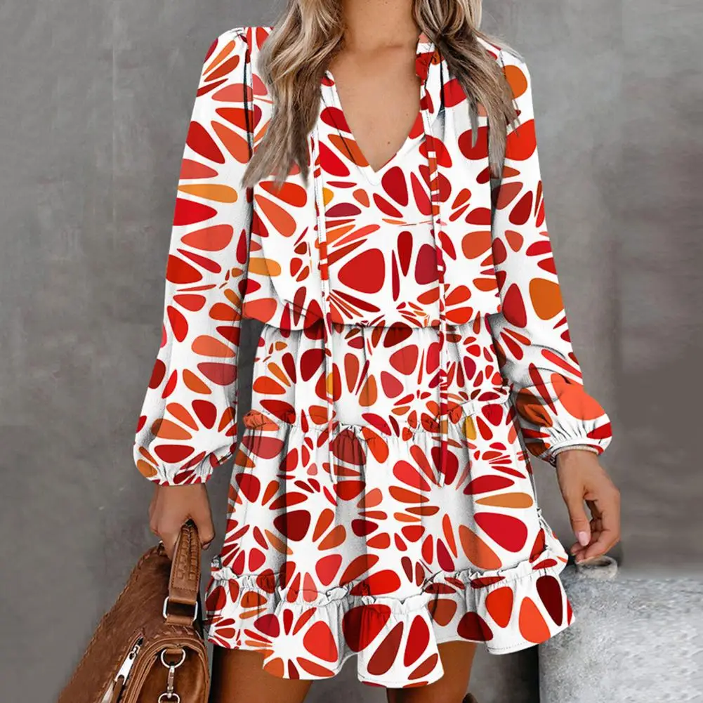 

Shrinkable Cuffs Versatile Women Elastic Waist Tight Floral Print Autumn Dress Female Clothes
