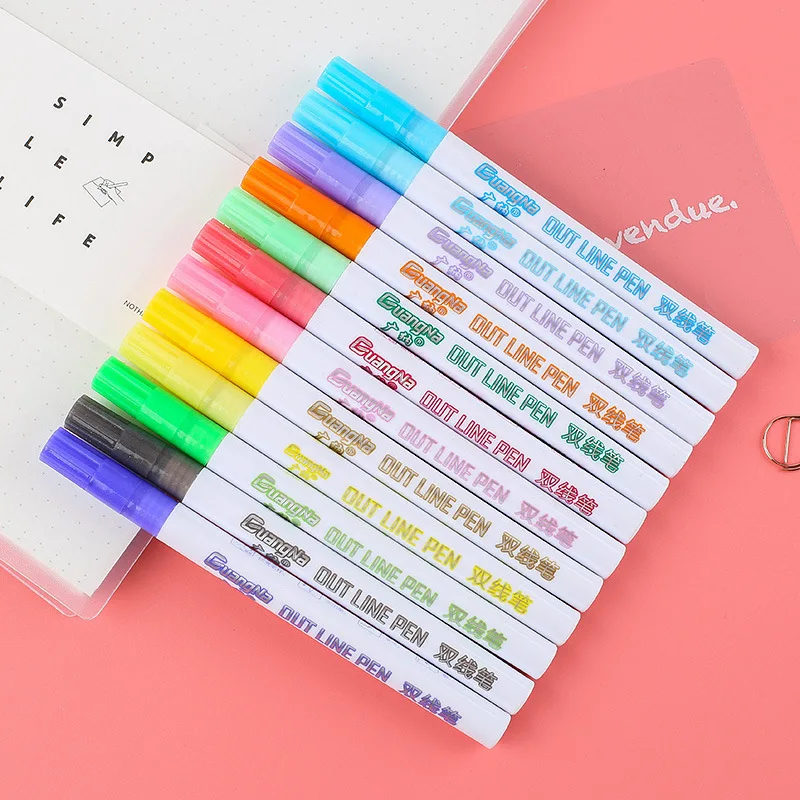 

12 Colors Set Silver Glitter Out Line Fine Liners Artist Drawing Pen Markers Student Painting Highlighters Office School Supply