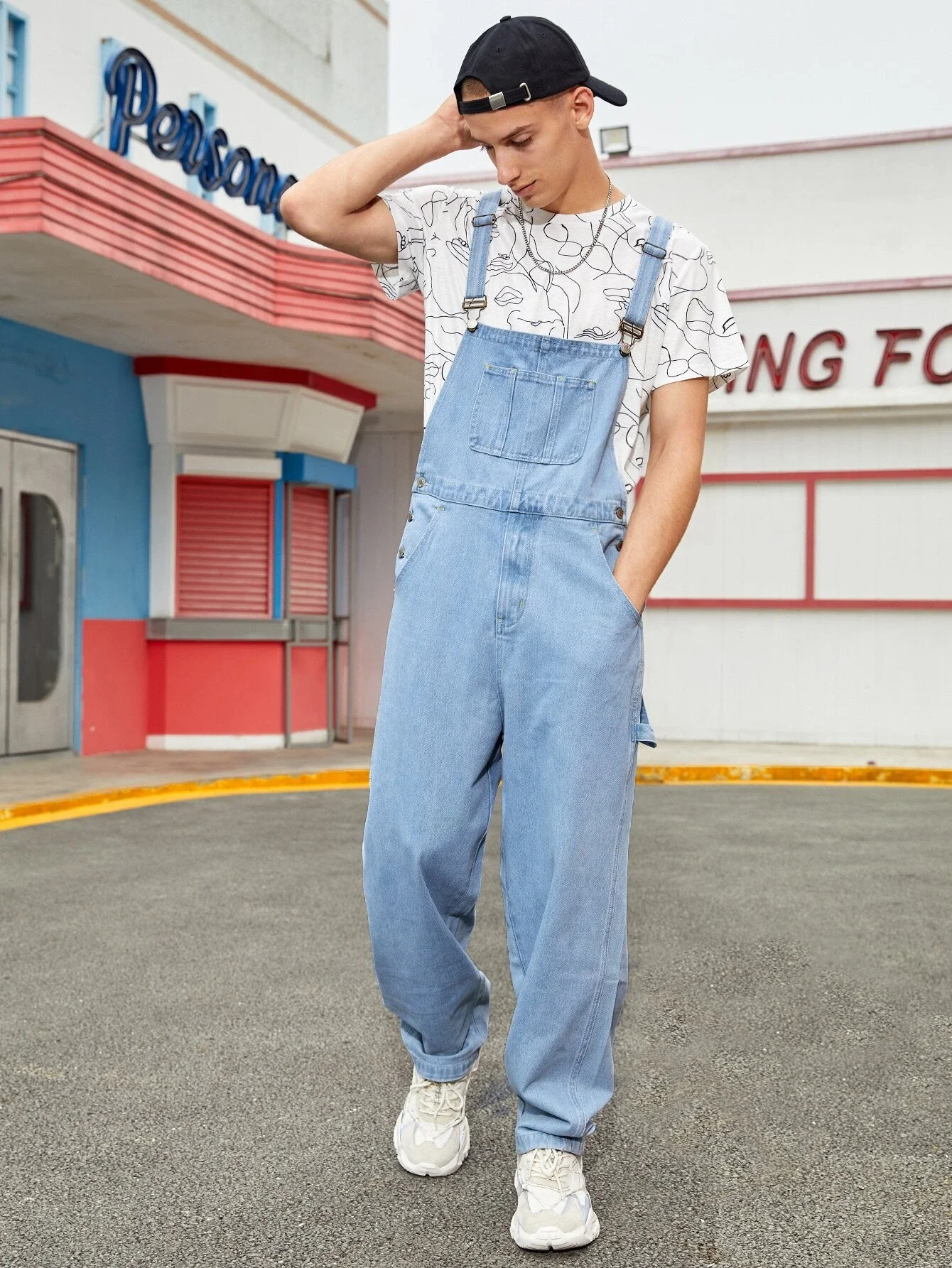 

Men Solid Slant Pocket Front Denim Overalls Without Tee