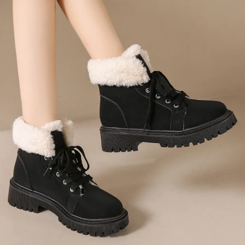 

2023 Fashion Women's Shoes Lace Up Women's Boots Winter Round Toe Solid Flock Plush Warm Short Barrel Chunky Heels Naked Boots