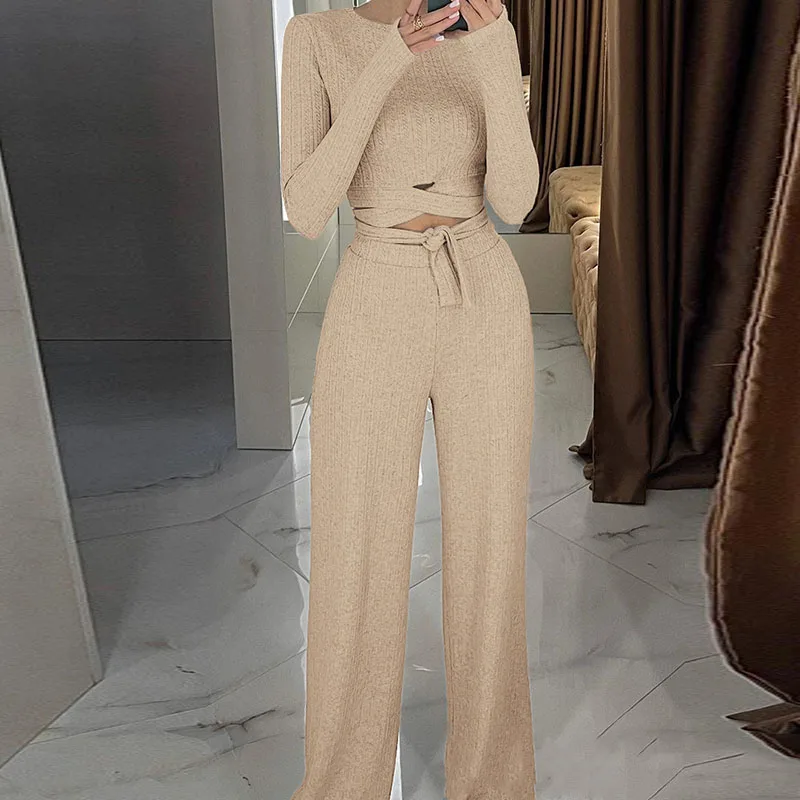 

Women O-neck Bandage Navel Top and Pants Suit Autumn Pit Stripe Long Sleeve Slim Outfit Casual Solid Yoga Fitness Two Piece Sets