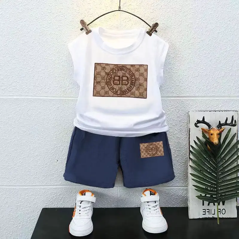 Kids Boys Summer Tank Top Short Sleeve Set 2023 New Spring and Autumn Sleeveless Baby Pure Cotton Childrens Handsome Clothes
