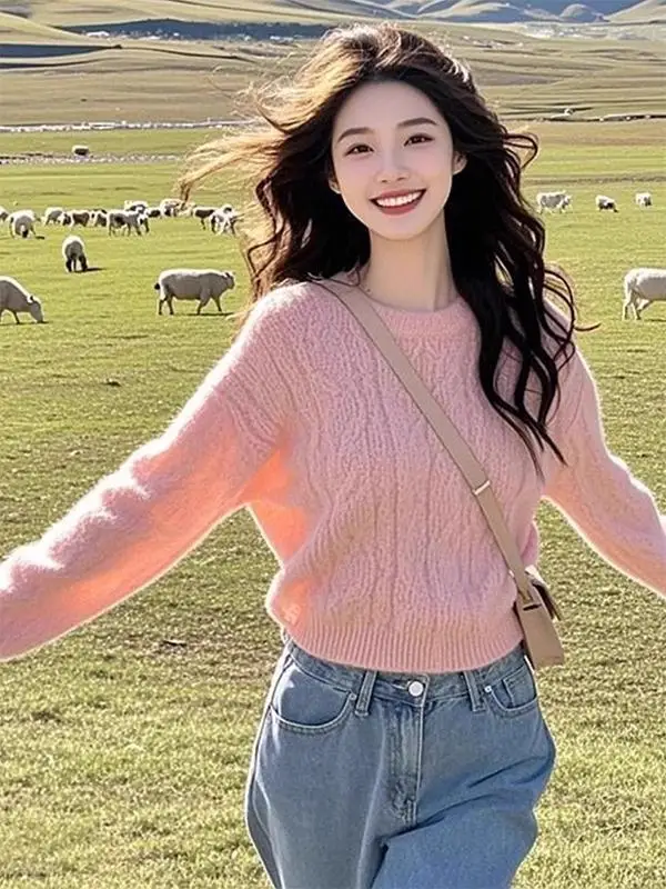 Французский сладкий розовый пуловер с круглым вырезом женский осенне-зимний