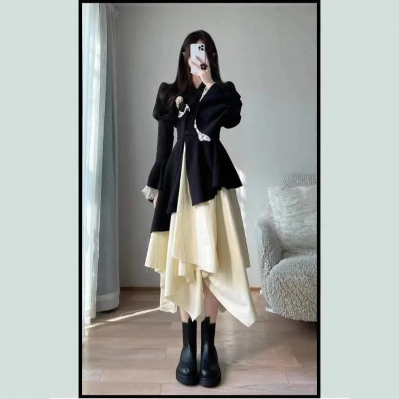 

2022 Spring Long Sleeve Patchwork Ball Gown Midi Dress Vintage Party Elegant Female Tunic Dresses For Women Vestido Streetwear