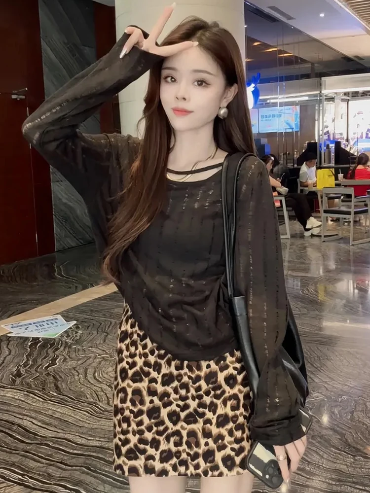 Unique Beautiful Mini Set Deep Autumn and Winter Wear High Sense Graceful Knitted Top Leopard Print Skirt Two-piece