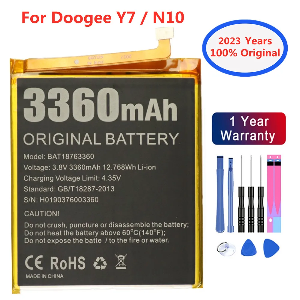 

2023 год, 100% оригинальный аккумулятор Для DOOGEE N10 Y7, батарея BAT18763360, 3360 мАч, Высококачественная сменная батарея, батарея и инструменты
