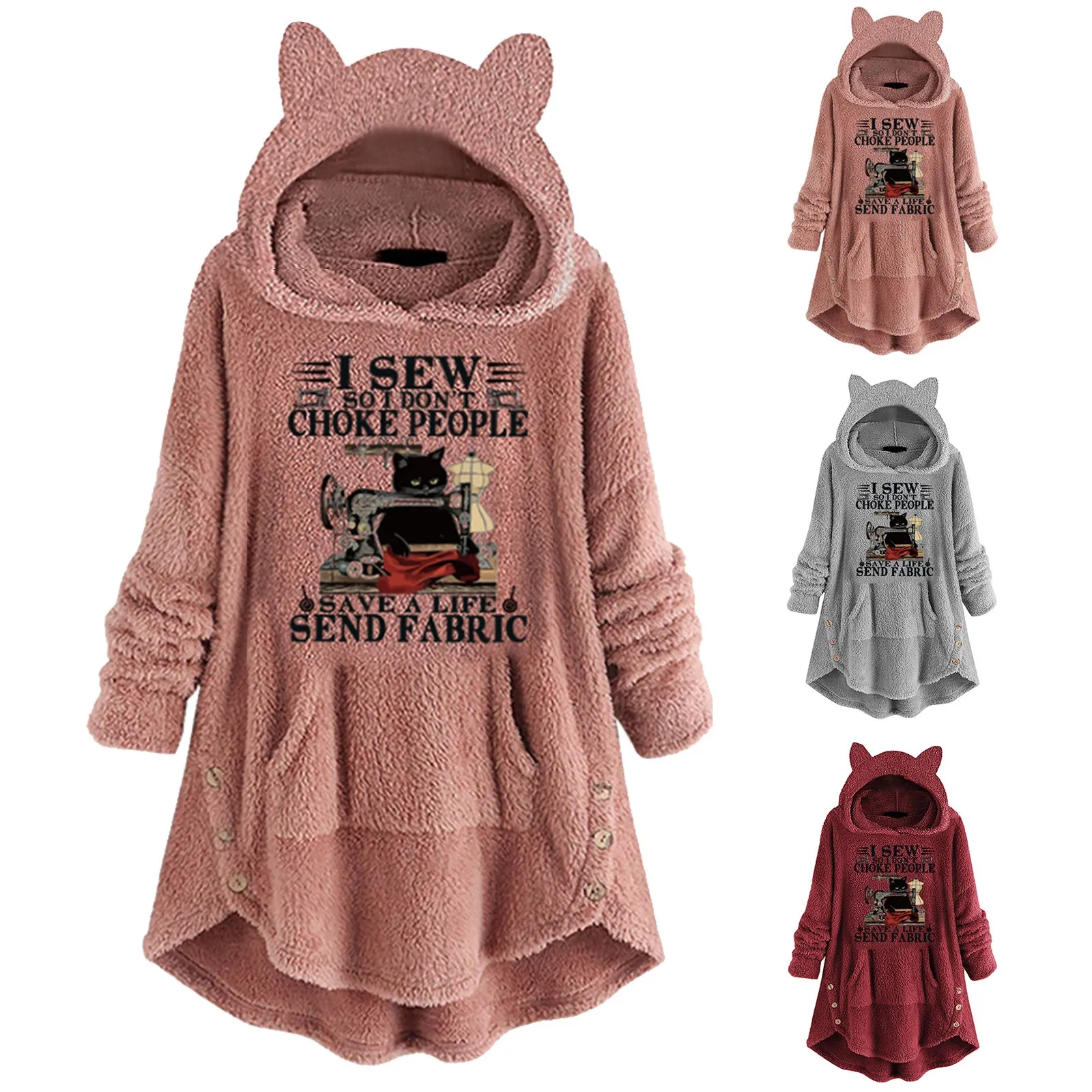 

Women's Long Sleeve Sewing Machine Cat Print Sweatshirt Pullover Hoodie Fleece Cute Shirt Loose Top Women's Sweat Jacket Zip up