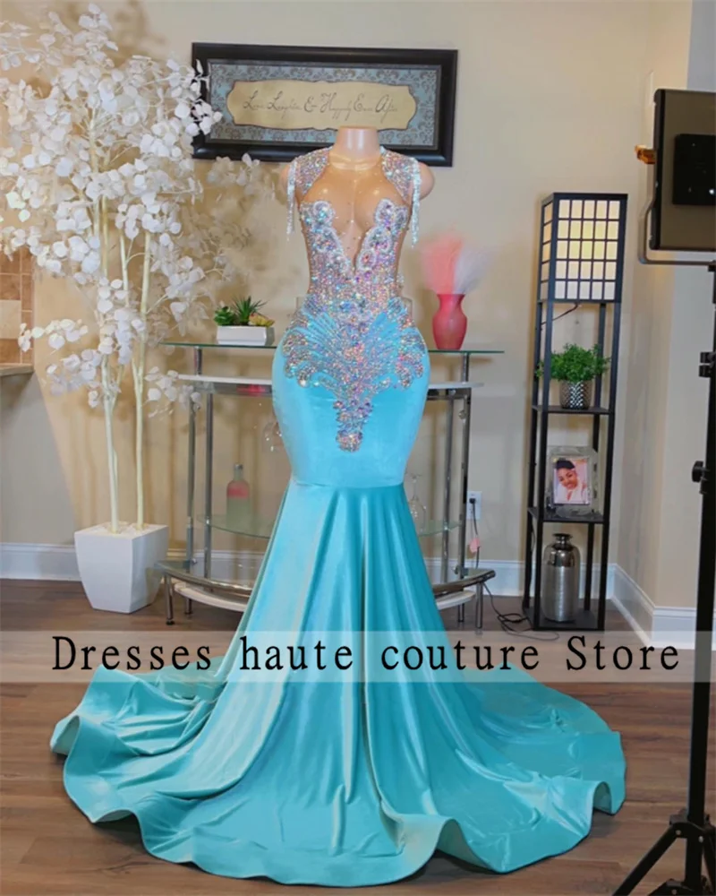 Sky Blue O Neck Prom Dresses Long 2023 For Black Girls Birthday Party Dress Beaded Crystal Evening Gown Robes De Soirée