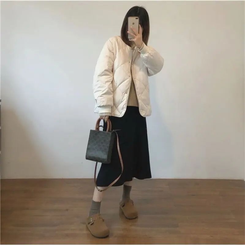 Korean Fashion Commuter Crewneck Cotton Parka Women's Short Parka's Diamond Lattice Brown  Collarless Jacket for Autumn  Winter