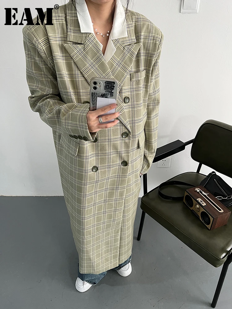 

[EAM] Women Green Plaid Big Size Long Blazer New Lapel Long Sleeve Loose Fit Jacket Fashion Tide Spring Autumn 2022 1DF2508