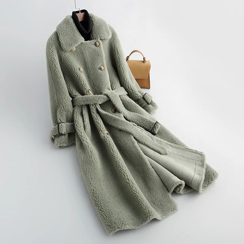 Real Fur Coat Women Jacket 2022 New Winter Clothes Sheep Shearing Double Breaste Thick Long Wool Parkas Belt Elegant Female Tops