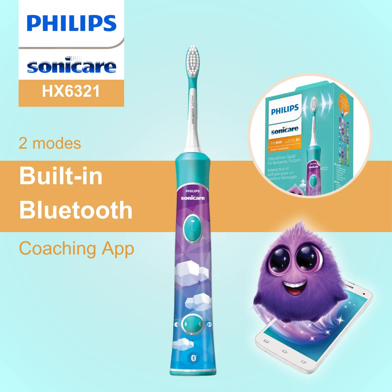 Электрическая зубная щетка Philips Sonicare для детей HX6321 встроенный Bluetooth 2 насадки