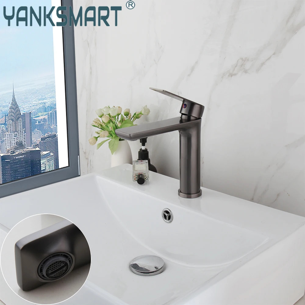 

YANKSMART Gun Grey Bathroom Faucet Bathtub Vanity Basin Sink Mixer Tap Deck Mounted Washbasin Faucets Hot Anf Cold Water Taps