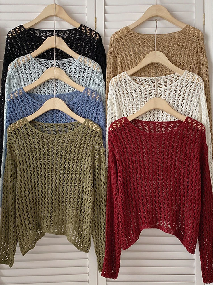 

YuooMuoo Ins Fashion Women Y2K Hollow Out Crochet Tops 2022 Early Autumn Long Sleeve Casual Knitted Sweater Ladies Outfits