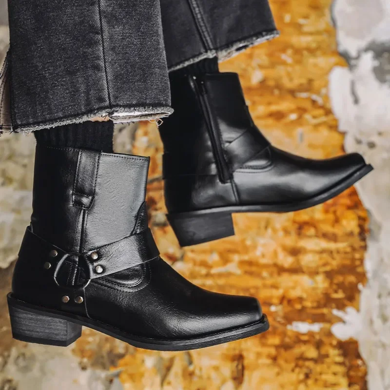 Рыцарские ботинки для мужчин ковбойские сапоги в стиле вестерн мужские кожаные