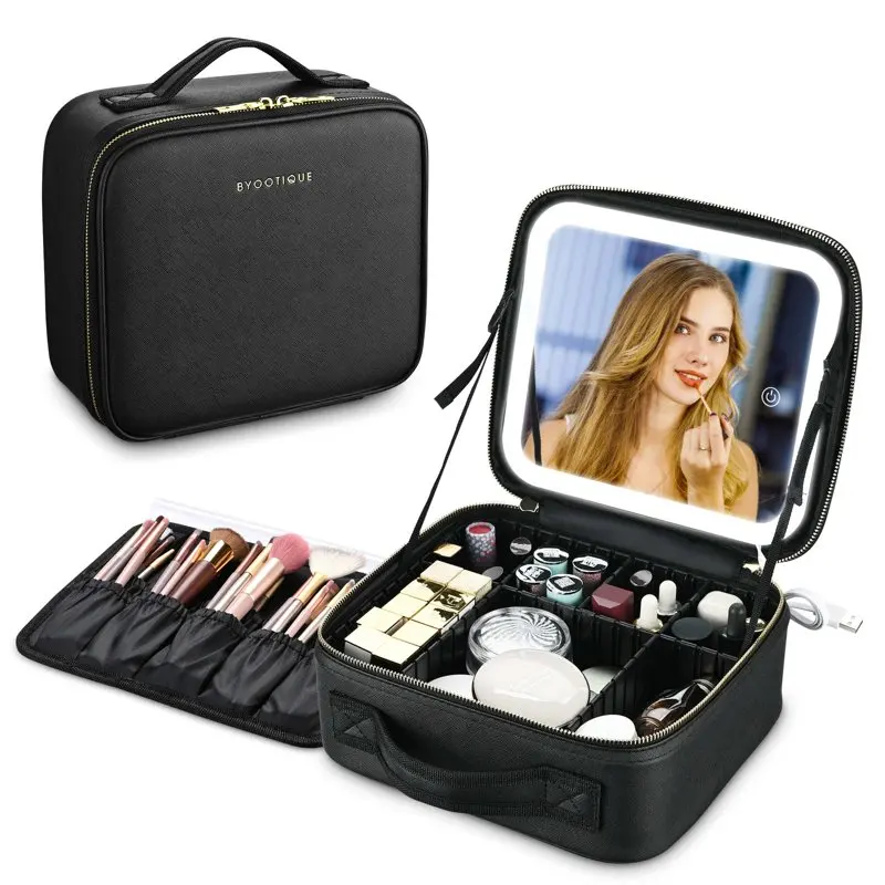

Makeup Case Cosmetic Bag Organizer with LED Lighted Mirror Dividers