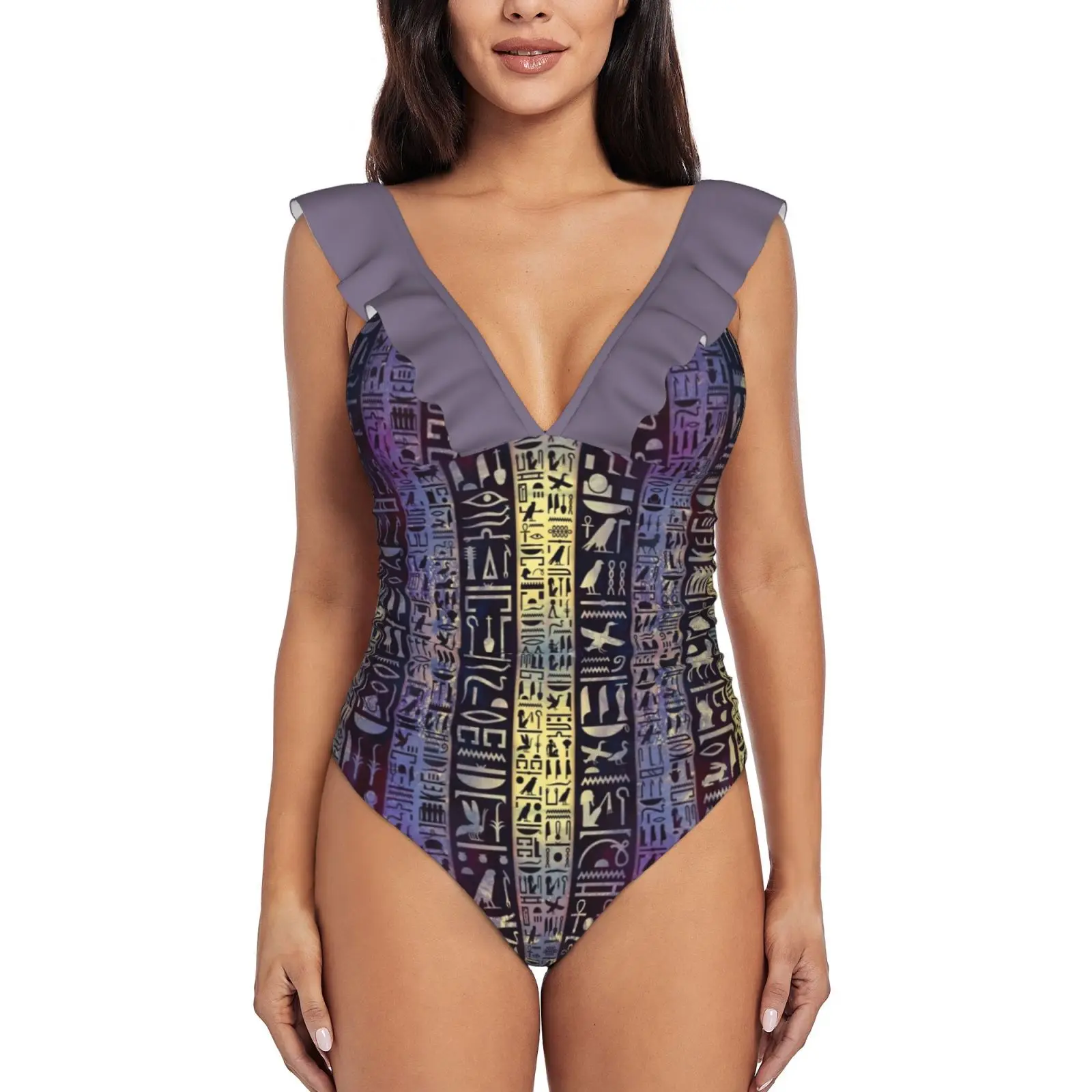 

Египетские хироглифы с фиолетовой текстурой, пикантный Цельный купальник с оборками, женский купальник, монокини с принтом