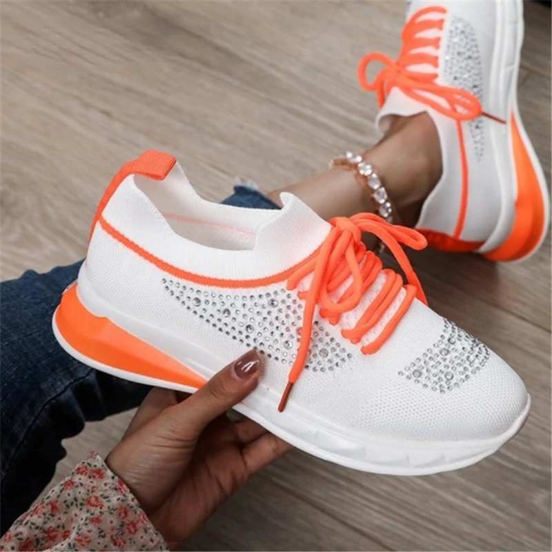 

2022 Mesh Breathable Sneakers Spring Outdoor Light Lace-up Women's Vulcanized Shoes Fashion Rhinestone Women Casual Shoes