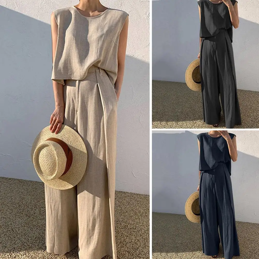 

2 Pcs/Set Women Tops Pants Set Solid Color Full Length Pants Pullover Crew Necks Wear-resistant Loose Type O Neck Sleeveless Dee