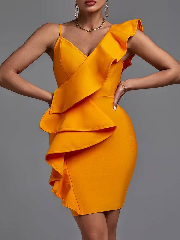 Vestido de vendaje naranja para mujer, vestido ceñido elegante y Sexy con volantes para fiesta y Club nocturno, trajes de verano de alta calidad 2022