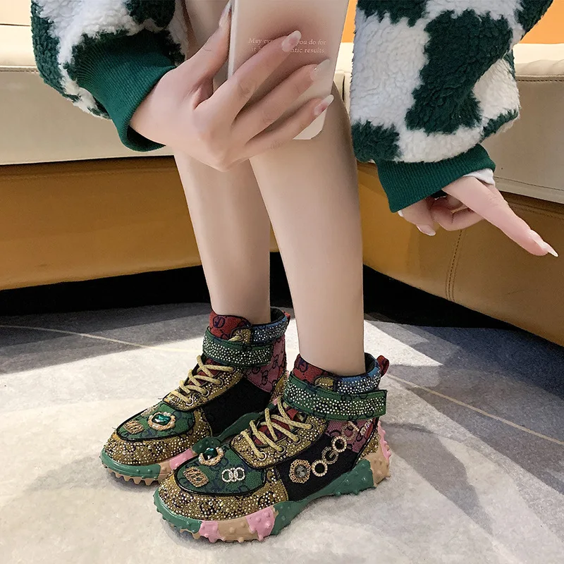 Women's Shoes Colorful Rhinestone Retro Sneakers Sole Elevated Comfortable Breathable Casual Shoes Luxury Designer Platform Shoe