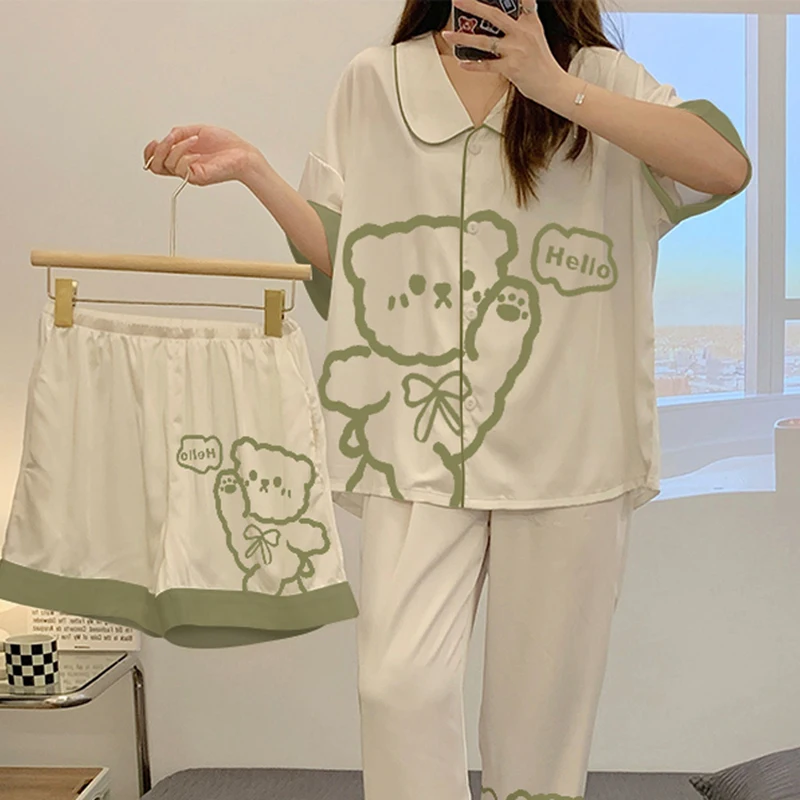 New Women's Pajamas Three-piece Set Spring and Summer Style Ice Silk Thin Style Short Sleeve Cute Home Clothes Free Shipping