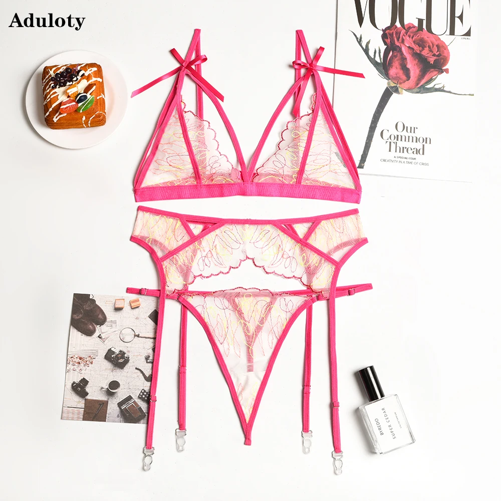 

Aduloty Women's Sexy Lace Embroidered Lingerie Summer Thin Section Wire Free Triangle Cup Bra Set Perspective Erotic Underwear