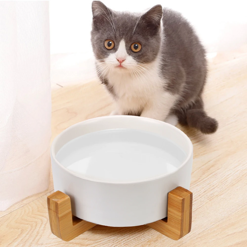 

Protect The Cervical Spine No Spill Cat Dog Bowl Dish Pet Food Water Feeder 400 ML Ceramic with Wood Stand