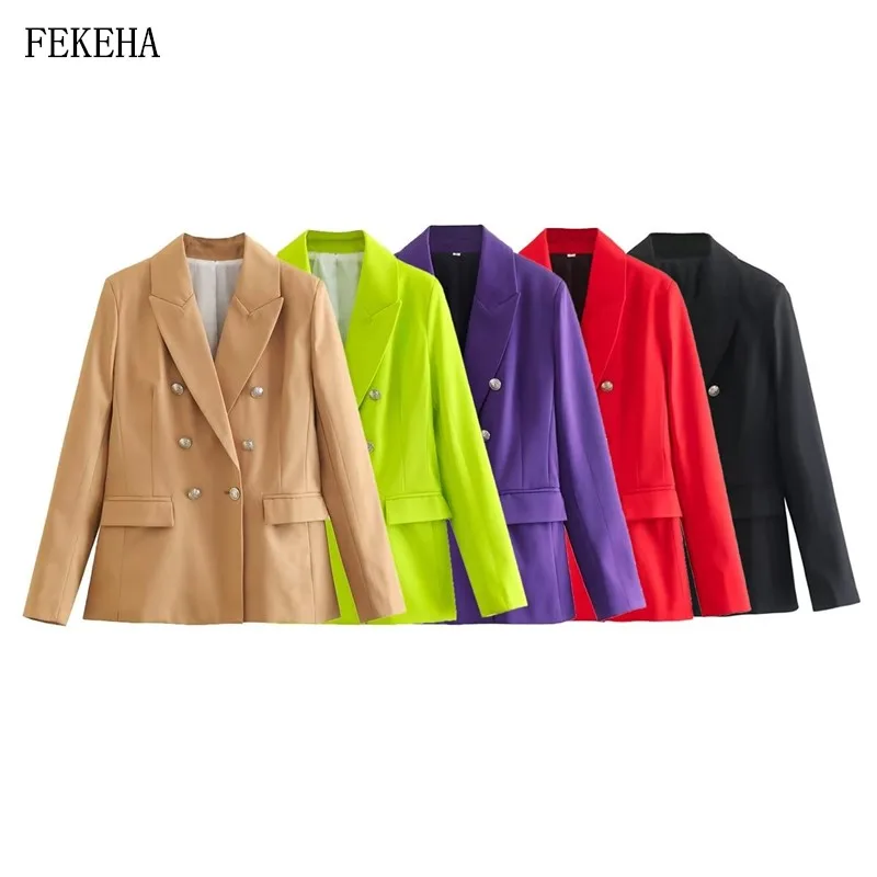 

2023 Women Double Breasted Blazer Coat Vintage Long Sleeve Flap Pockets Lady Suit Female Clothes Outwear