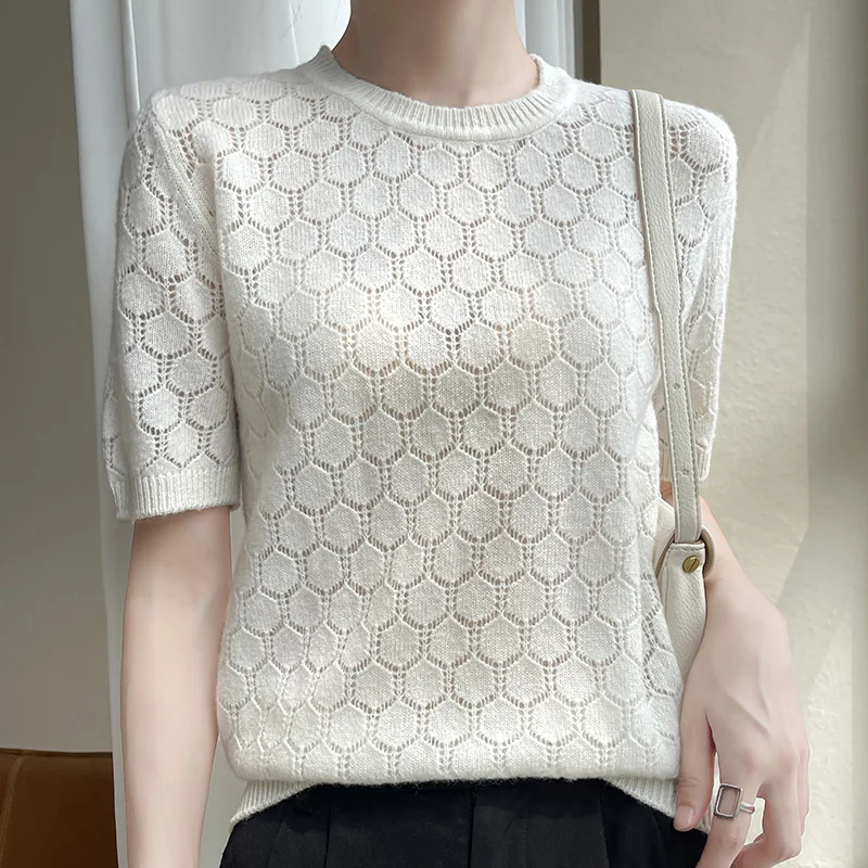 100% чистый свитер женский ажурный с коротким рукавом свободный футболка