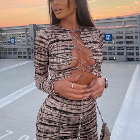 Women's Short Skirt Suit Tie-dye Printing Long-sleeved Hollow Tie-up Crop Tops High-waist Belly Short Skirt Set
