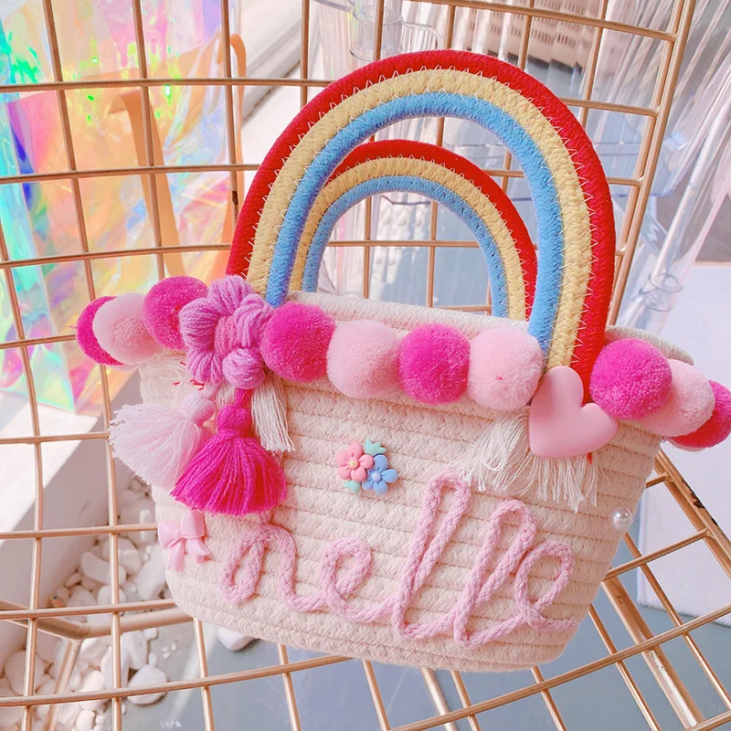 

Women Beach Straw Bags with hair balls Ladies Summer outdoor Beach hat vacation bag Raffia Handbag Travel Basket Tote Bag