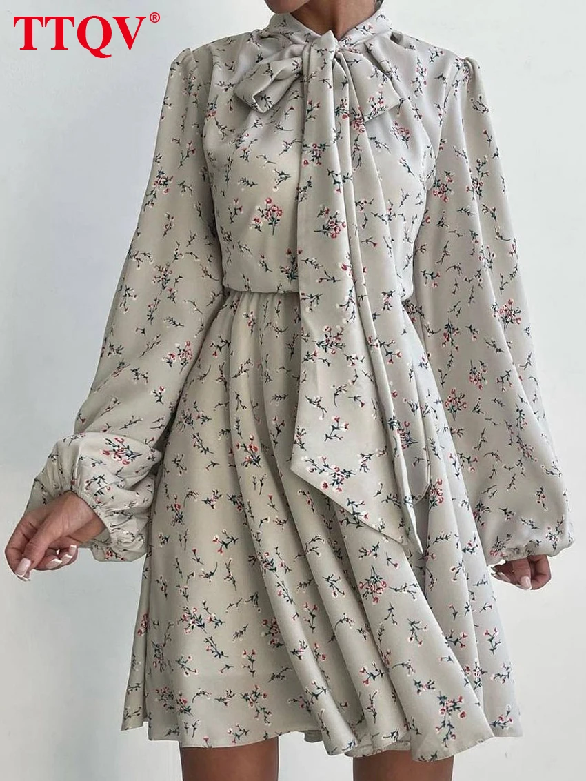 

TTQV Fashion Beige Bow Collar Womens Dresses 2023 Elegant Print Long Sleeve High Waisted Dresses Casual Mini Dress Streetwear