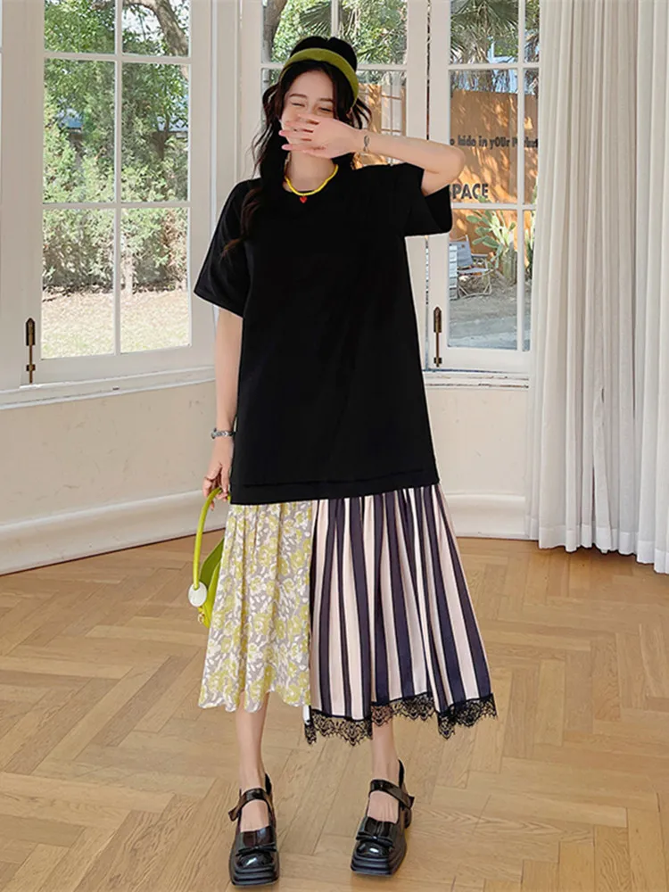 

Женское платье с коротким рукавом, Свободное длинное платье большого размера в Корейском стиле с цветными вставками, Новинка лета 2023