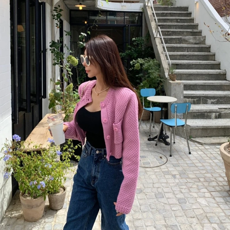 

Womens Solid Cardigan Sweater O-Neck Button Down Knitted Open Front Sweater Long Sleeve Loose Tops Cropped Sweater Coat