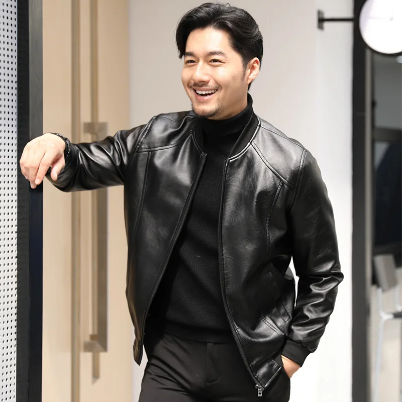 

Sanyang Spring and Autumn New Baseball Collar Men's Leather Fashion PU Wash Leather Jacket Coat Dad's Wear jaqueta masculina